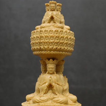 23CM Three-story Buddha Tower Boxwood Statue Three-sided Stupa Sculpture Round Pagoda Dizang Bodhisattva Buddhist  Home Decor