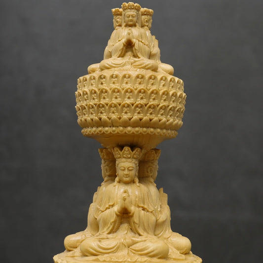 23CM Three-story Buddha Tower Boxwood Statue Three-sided Stupa Sculpture Round Pagoda Dizang Bodhisattva Buddhist  Home Decor