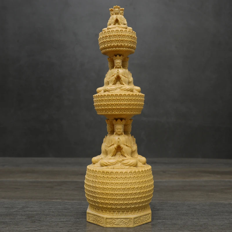 23CM Three-story Buddha Tower Boxwood Statue Three-sided Stupa Sculpture Round Pagoda Dizang Bodhisattva Buddhist  Home Decor