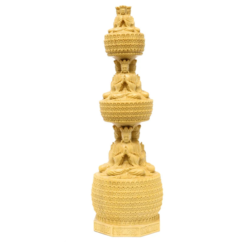 23CM Three-story Buddha Tower Boxwood Statue Three-sided Stupa Sculpture Round Pagoda Dizang Bodhisattva Buddhist  Home Decor