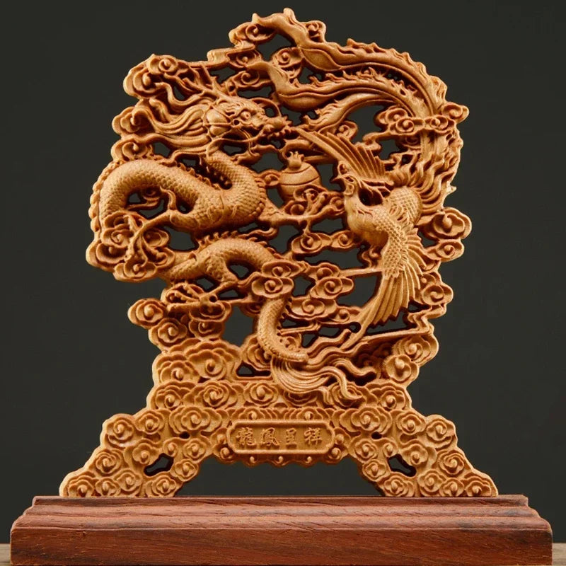 23CM Thuja Wood Hollow Wood Wealth Carving Dragon Phoenix Sculpture Decor Lucky Gift Home Sculptures