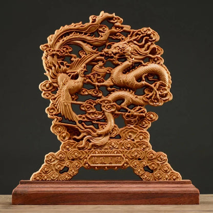 23CM Thuja Wood Hollow Wood Wealth Carving Dragon Phoenix Sculpture Decor Lucky Gift Home Sculptures