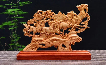 23CM Wooden  Animal Eight Horses Statue Figurines Home Decor Gifts Sculptures Accessories