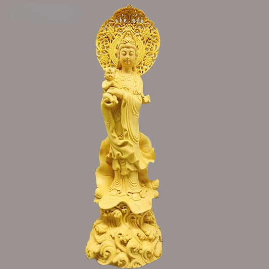 23cm Chinese Buddha Statue Solid Wood Guanyin Bodhisattva Statue Modern Art Sculpture Home Blessing Decorations