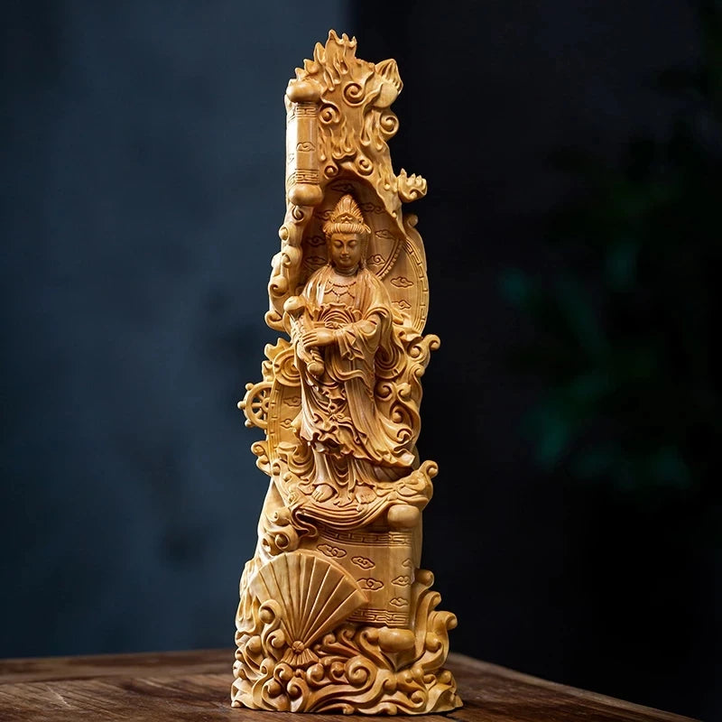 23cm Guanyin Bodhisattva Ruyi Guanyin Solid Wood Carved Buddha Statue Wood Sculpture Furniture Crafts for Him