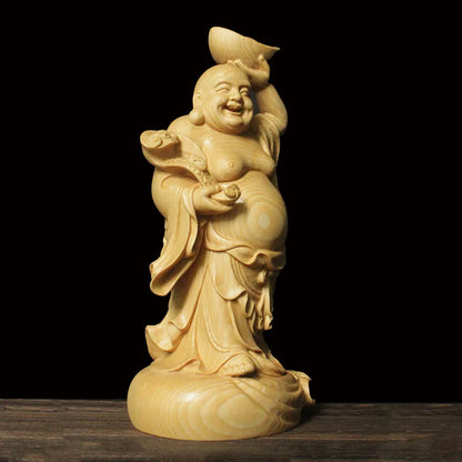 23cm Solid Wood Carving Ingot-Maitreya Buddha Statue Traditional Hand Carving Wooden Home Fortune Feng Shui Ornaments