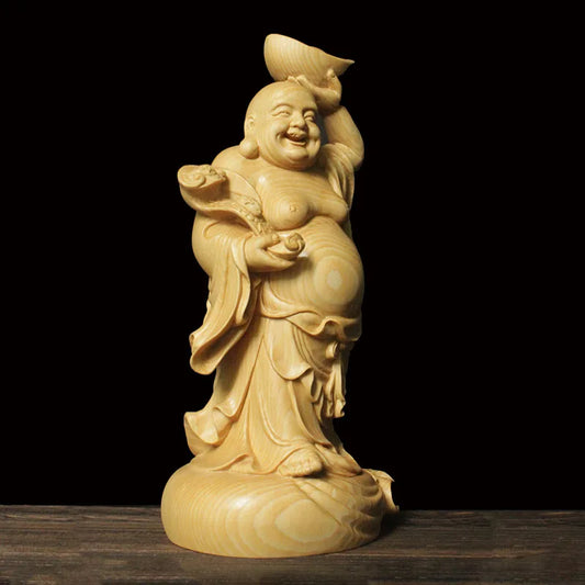 23cm Solid Wood Carving Ingot-Maitreya Buddha Statue Traditional Hand Carving Wooden Home Fortune Feng Shui Ornaments