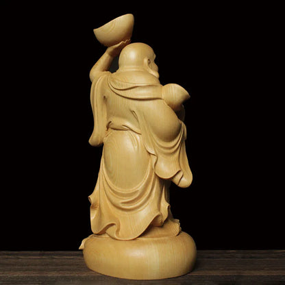 23cm Solid Wood Carving Ingot-Maitreya Buddha Statue Traditional Hand Carving Wooden Home Fortune Feng Shui Ornaments