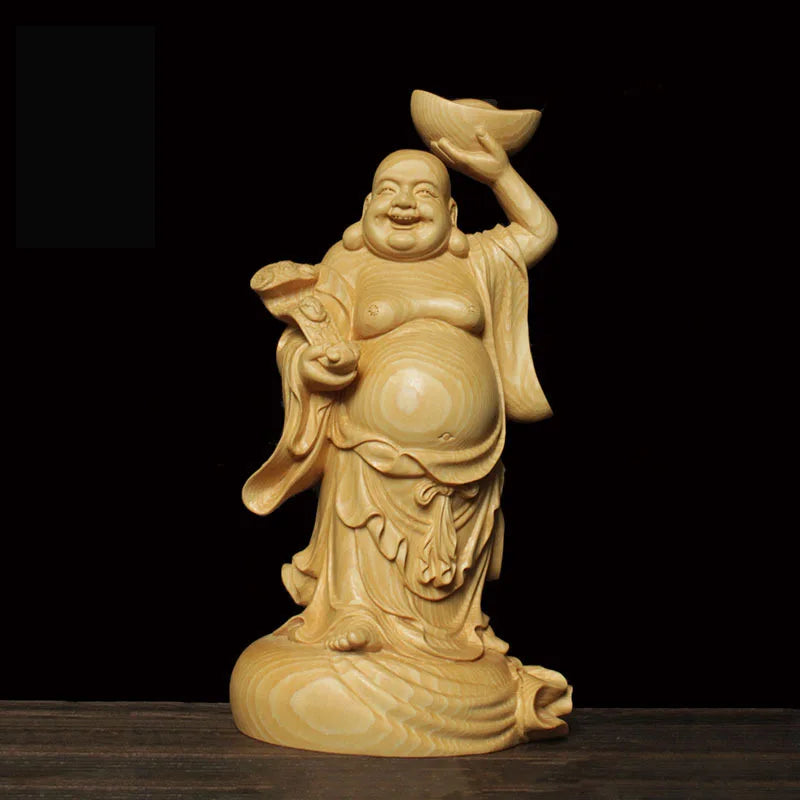 23cm Solid Wood Carving Ingot-Maitreya Buddha Statue Traditional Hand Carving Wooden Home Fortune Feng Shui Ornaments