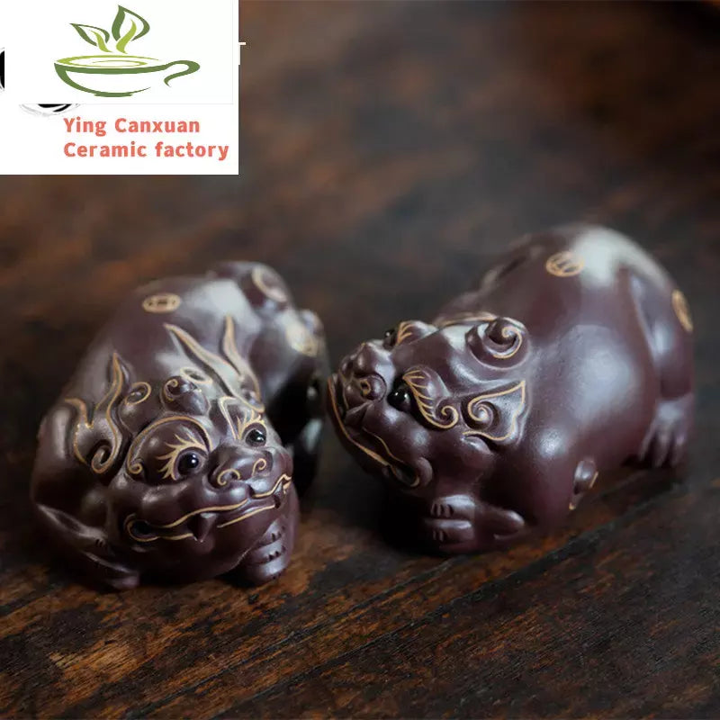 2 Pcs/set Lucky Animal Statue Ornaments Yixing Purple Clay Tea Pet Sculpture Tea Figurine Crafts Chinese Tea Set Decoration Gift