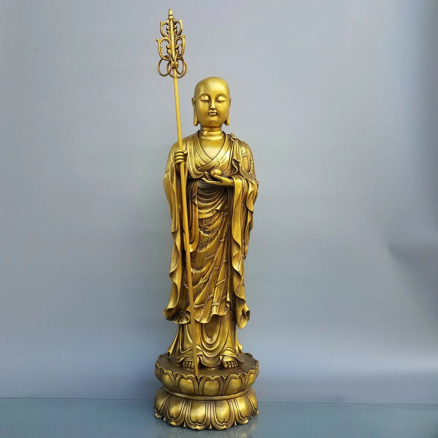 24"Tibetan Temple Collection Old Brass ksitigarbha Bodhisattva Lotus Platform Standing Buddha Amitabha  Worship Hall Town House
