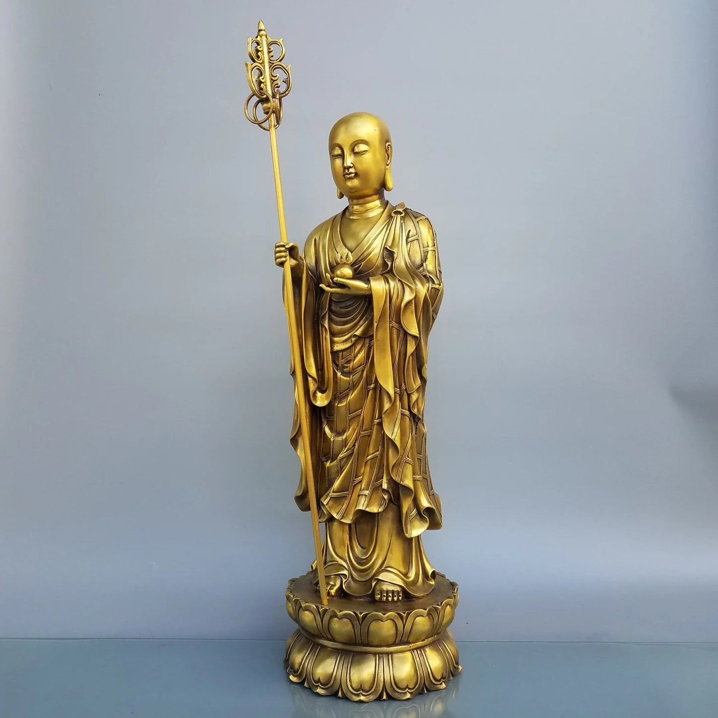 24"Tibetan Temple Collection Old Brass ksitigarbha Bodhisattva Lotus Platform Standing Buddha Amitabha  Worship Hall Town House