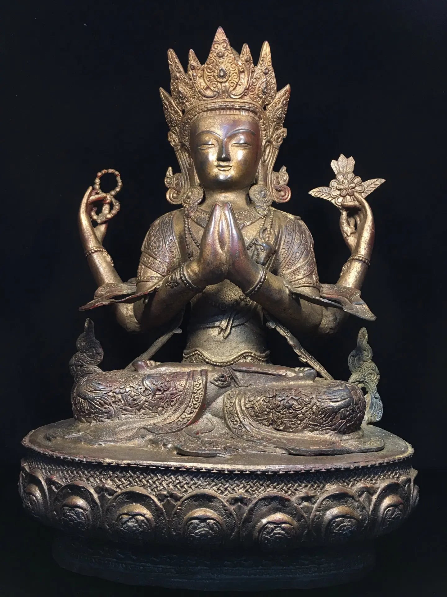 24"Tibetan Temple Collection Old Bronze Cinnabar Mud gold Four Arm Guanyin Lotus Terrace Sitting Buddha Worship Hall Town house