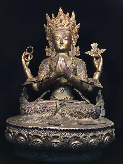 24"Tibetan Temple Collection Old Bronze Cinnabar Mud gold Four Arm Guanyin Lotus Terrace Sitting Buddha Worship Hall Town house