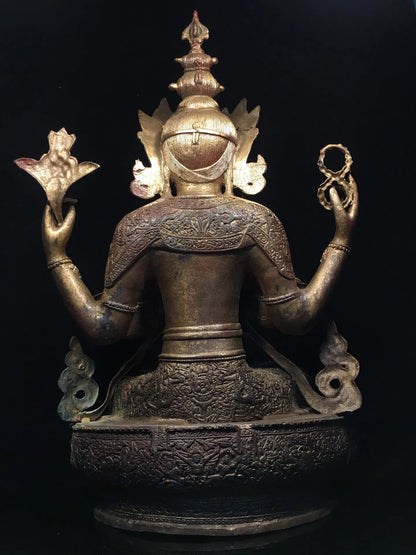 24"Tibetan Temple Collection Old Bronze Cinnabar Mud gold Four Arm Guanyin Lotus Terrace Sitting Buddha Worship Hall Town house