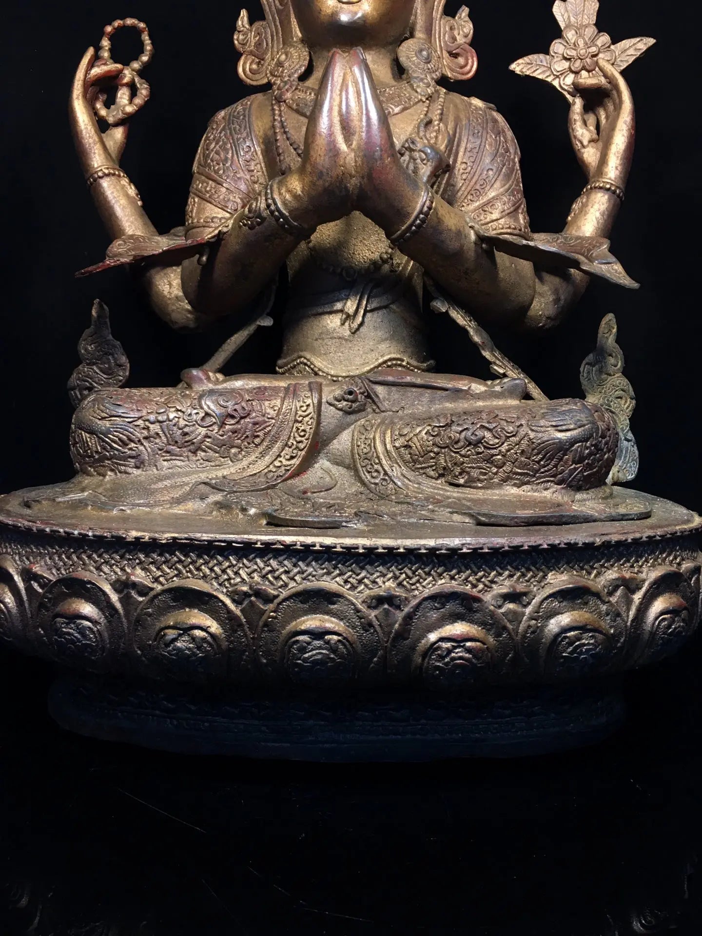 24"Tibetan Temple Collection Old Bronze Cinnabar Mud gold Four Arm Guanyin Lotus Terrace Sitting Buddha Worship Hall Town house