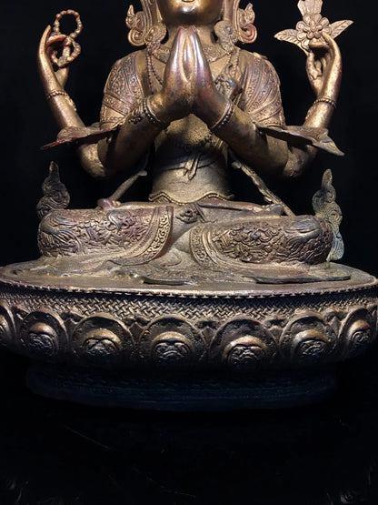 24"Tibetan Temple Collection Old Bronze Cinnabar Mud gold Four Arm Guanyin Lotus Terrace Sitting Buddha Worship Hall Town house