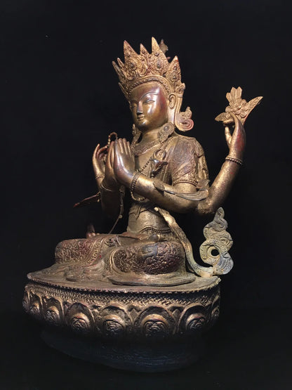 24"Tibetan Temple Collection Old Bronze Cinnabar Mud gold Four Arm Guanyin Lotus Terrace Sitting Buddha Worship Hall Town house