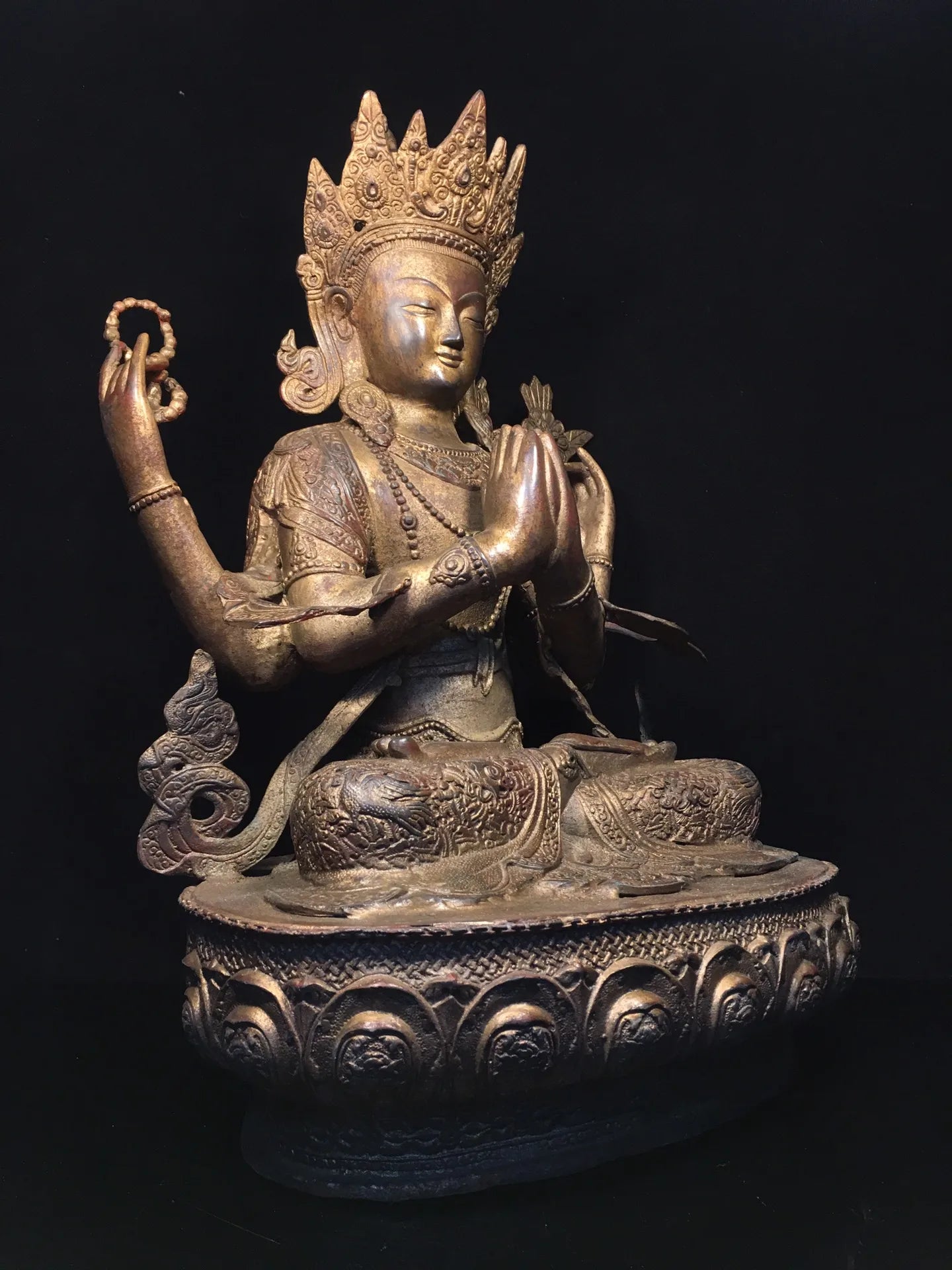24"Tibetan Temple Collection Old Bronze Cinnabar Mud gold Four Arm Guanyin Lotus Terrace Sitting Buddha Worship Hall Town house