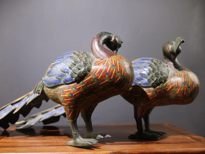24"Tibetan Temple Collection Old Bronze Cloisonne Enamel Peacock Statue Flying Bird A pair Amass wealth Ornaments Town house