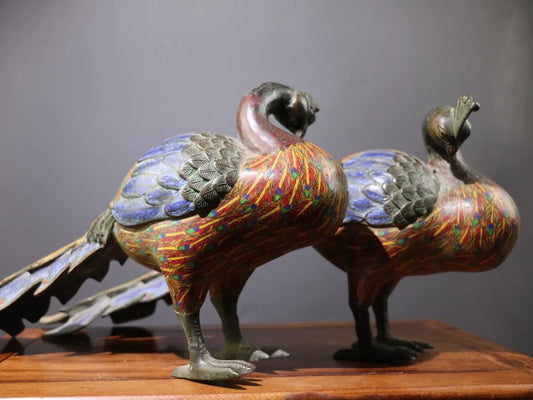 24"Tibetan Temple Collection Old Bronze Cloisonne Enamel Peacock Statue Flying Bird A pair Amass wealth Ornaments Town house