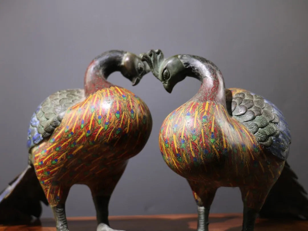 24"Tibetan Temple Collection Old Bronze Cloisonne Enamel Peacock Statue Flying Bird A pair Amass wealth Ornaments Town house
