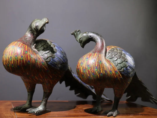 24"Tibetan Temple Collection Old Bronze Cloisonne Enamel Peacock Statue Flying Bird A pair Amass wealth Ornaments Town house