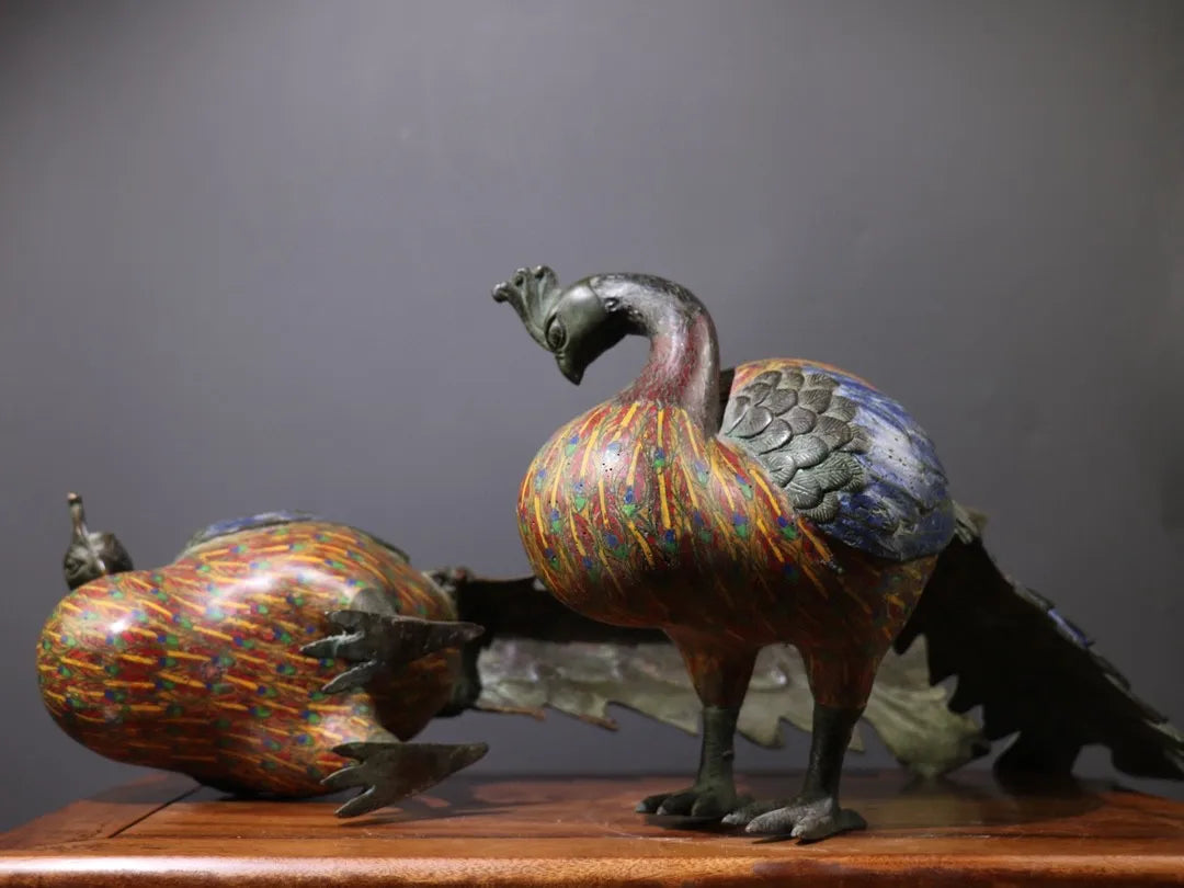 24"Tibetan Temple Collection Old Bronze Cloisonne Enamel Peacock Statue Flying Bird A pair Amass wealth Ornaments Town house