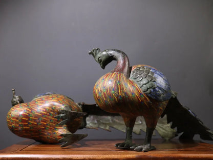 24"Tibetan Temple Collection Old Bronze Cloisonne Enamel Peacock Statue Flying Bird A pair Amass wealth Ornaments Town house