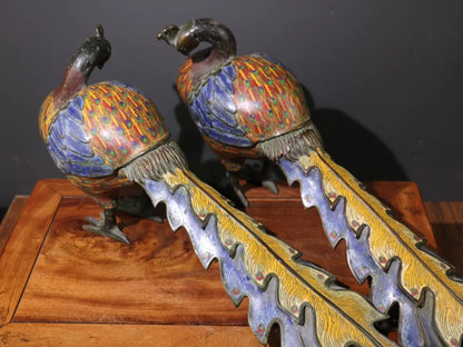 24"Tibetan Temple Collection Old Bronze Cloisonne Enamel Peacock Statue Flying Bird A pair Amass wealth Ornaments Town house
