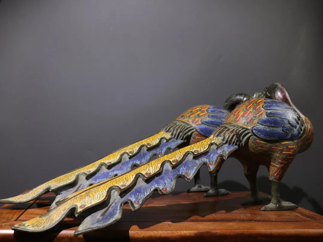 24"Tibetan Temple Collection Old Bronze Cloisonne Enamel Peacock Statue Flying Bird A pair Amass wealth Ornaments Town house