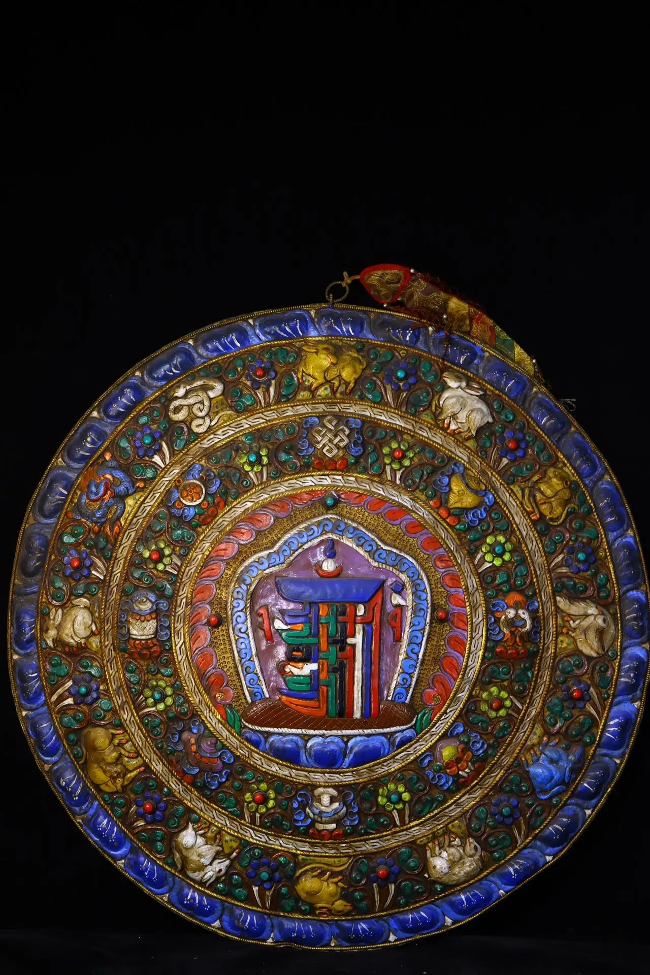 24"Tibetan Temple Collection Old Bronze Painted prayer flags gossip Chinese Zodiac pagoda Thangka Mandala hanging screen