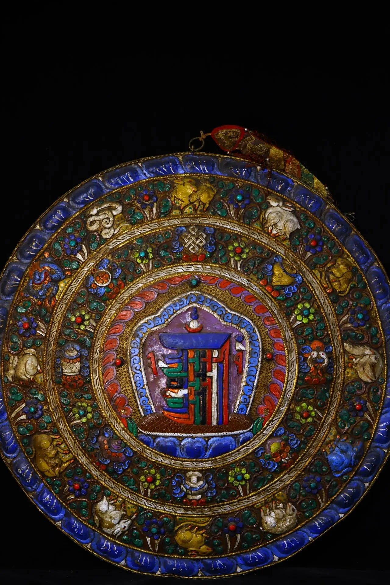 24"Tibetan Temple Collection Old Bronze Painted prayer flags gossip Chinese Zodiac pagoda Thangka Mandala hanging screen