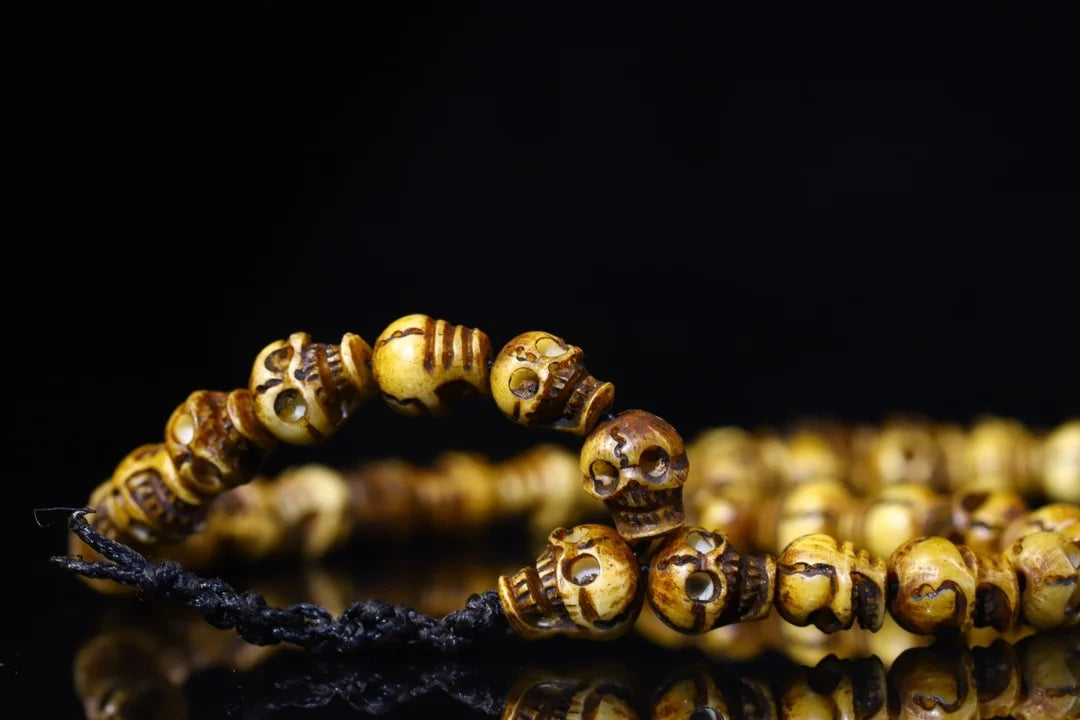 24"Tibetan Temple Collection Old Natural Yak Bone Sculpture Skull Head 108 Buddha Beads Necklace  Amulet pendant Town house