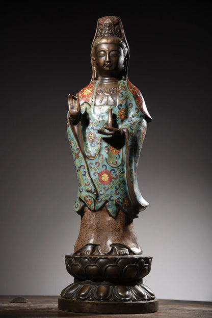 24"Tibetan temple collection, Old Bronze Cloisonne Enamel clean Bottle Guanyin Bodhisattva lotus platform worship buddha
