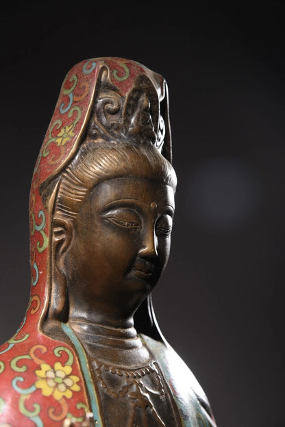 24"Tibetan temple collection, Old Bronze Cloisonne Enamel clean Bottle Guanyin Bodhisattva lotus platform worship buddha