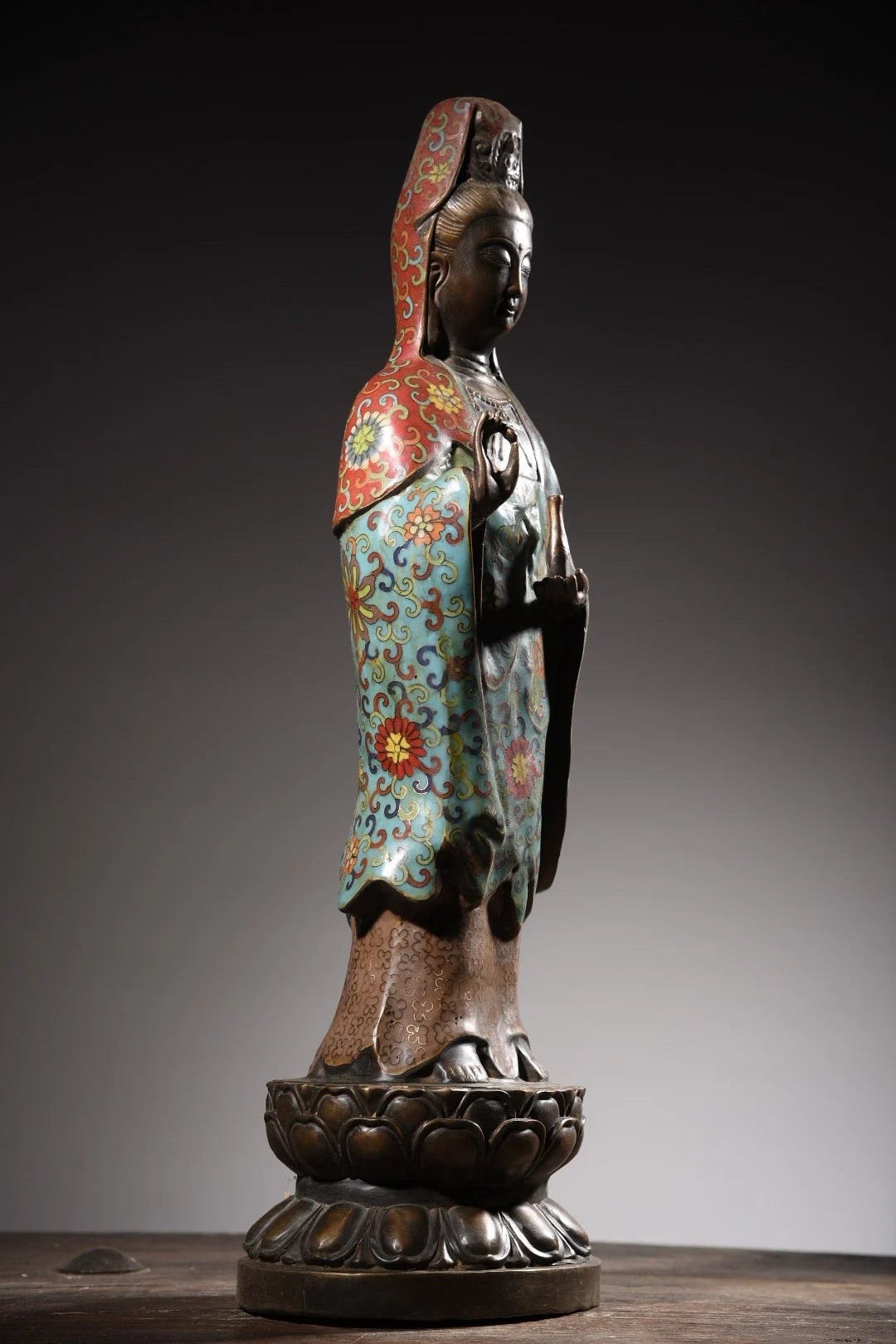 24"Tibetan temple collection, Old Bronze Cloisonne Enamel clean Bottle Guanyin Bodhisattva lotus platform worship buddha