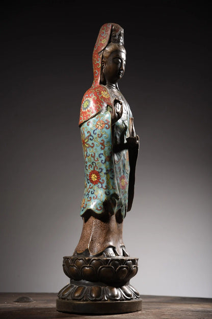 24"Tibetan temple collection, Old Bronze Cloisonne Enamel clean Bottle Guanyin Bodhisattva lotus platform worship buddha