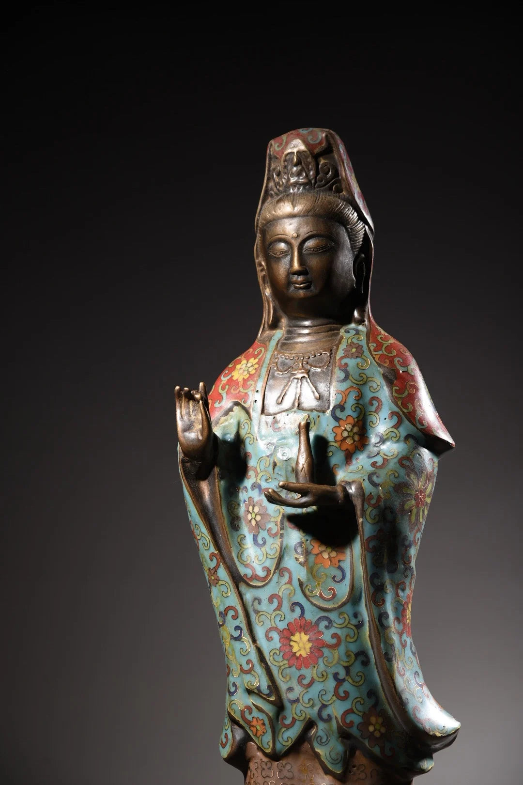 24"Tibetan temple collection, Old Bronze Cloisonne Enamel clean Bottle Guanyin Bodhisattva lotus platform worship buddha