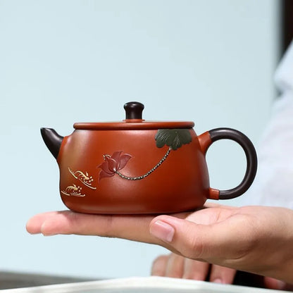 240ml Authentic Yixing Purple Clay Teapots Handmade Lotus Pattern Stone Scoop Tea Pot Raw Ore Zhu Mud Kettle Home Zisha Tea Set