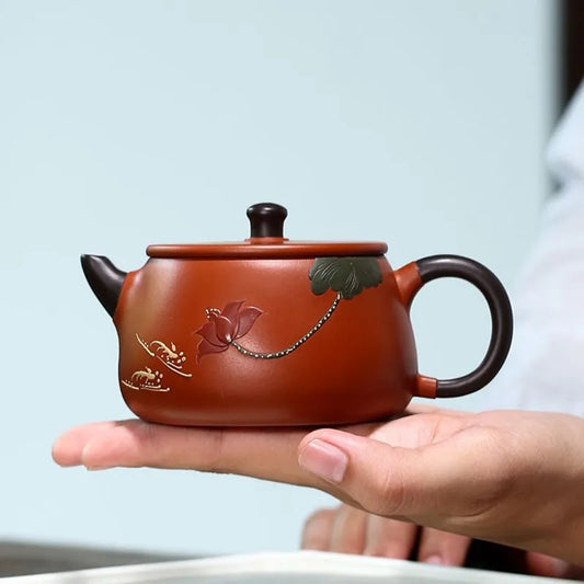 240ml Authentic Yixing Purple Clay Teapots Handmade Lotus Pattern Stone Scoop Tea Pot Raw Ore Zhu Mud Kettle Home Zisha Tea Set