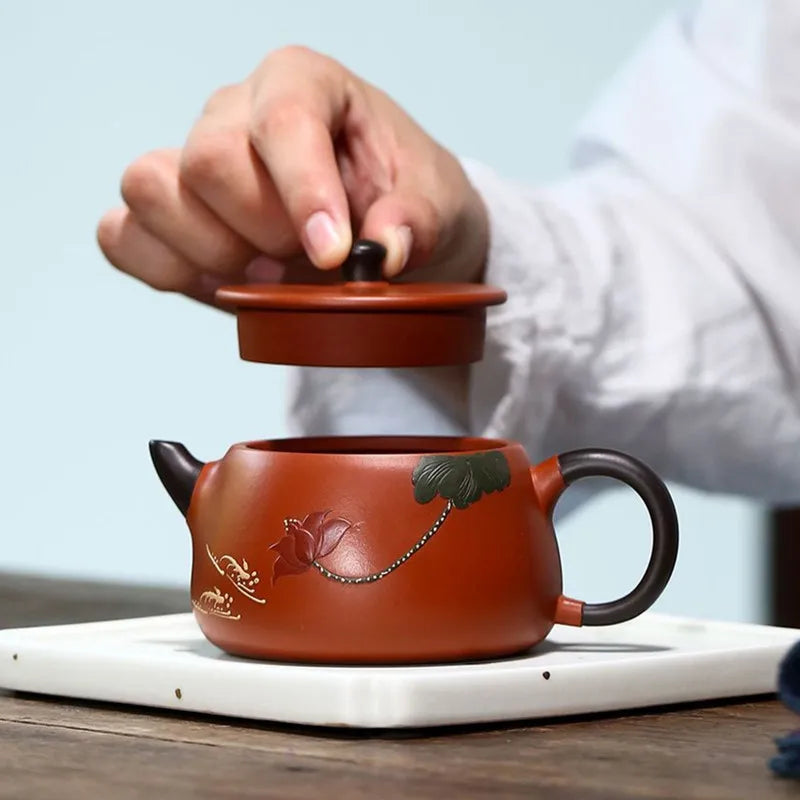 240ml Authentic Yixing Purple Clay Teapots Handmade Lotus Pattern Stone Scoop Tea Pot Raw Ore Zhu Mud Kettle Home Zisha Tea Set