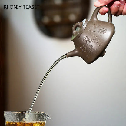 240ml Chinese Yixing Authentic Purple Clay Teapots Famous Artists Handmade High Stone Scoop Tea Pot Raw Ore Kettle Zisha Tea Set