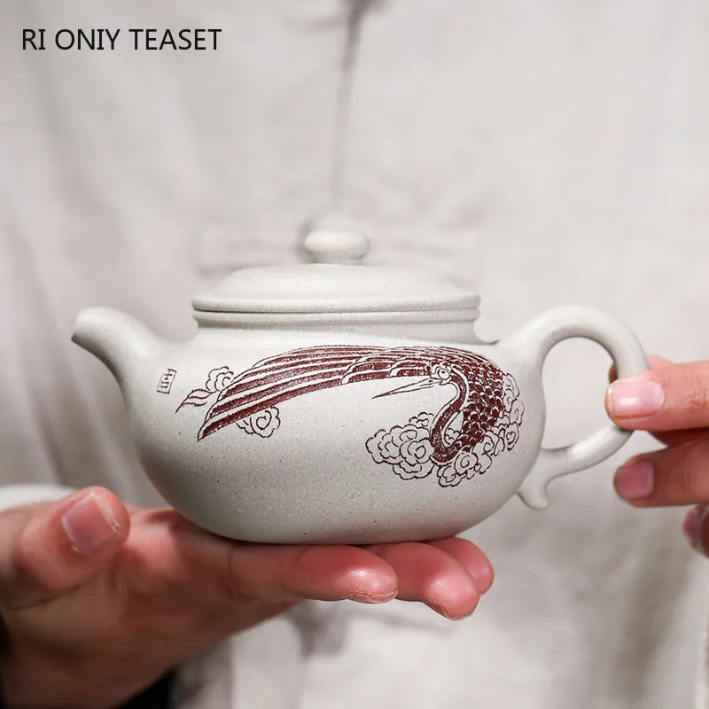240ml Chinese Yixing High-end Purple Clay Teapots Master Hand-carved White Crane Pattern Tea Pot Kettle Zisha Tea Set Collection