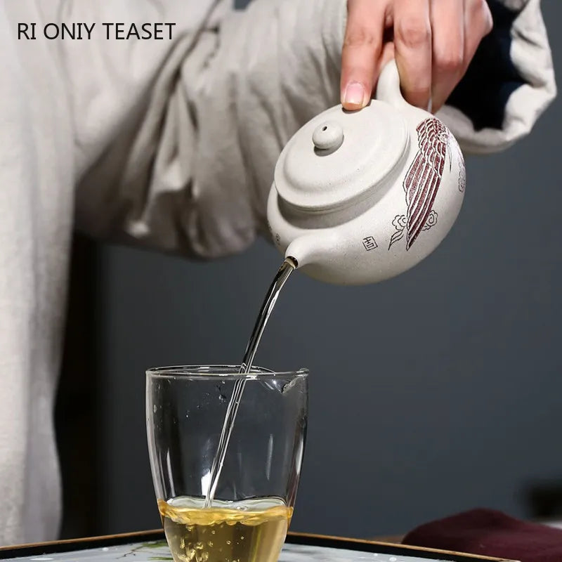 240ml Chinese Yixing High-end Purple Clay Teapots Master Hand-carved White Crane Pattern Tea Pot Kettle Zisha Tea Set Collection