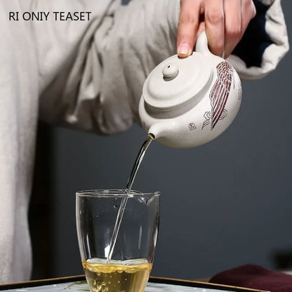 240ml Chinese Yixing High-end Purple Clay Teapots Master Hand-carved White Crane Pattern Tea Pot Kettle Zisha Tea Set Collection