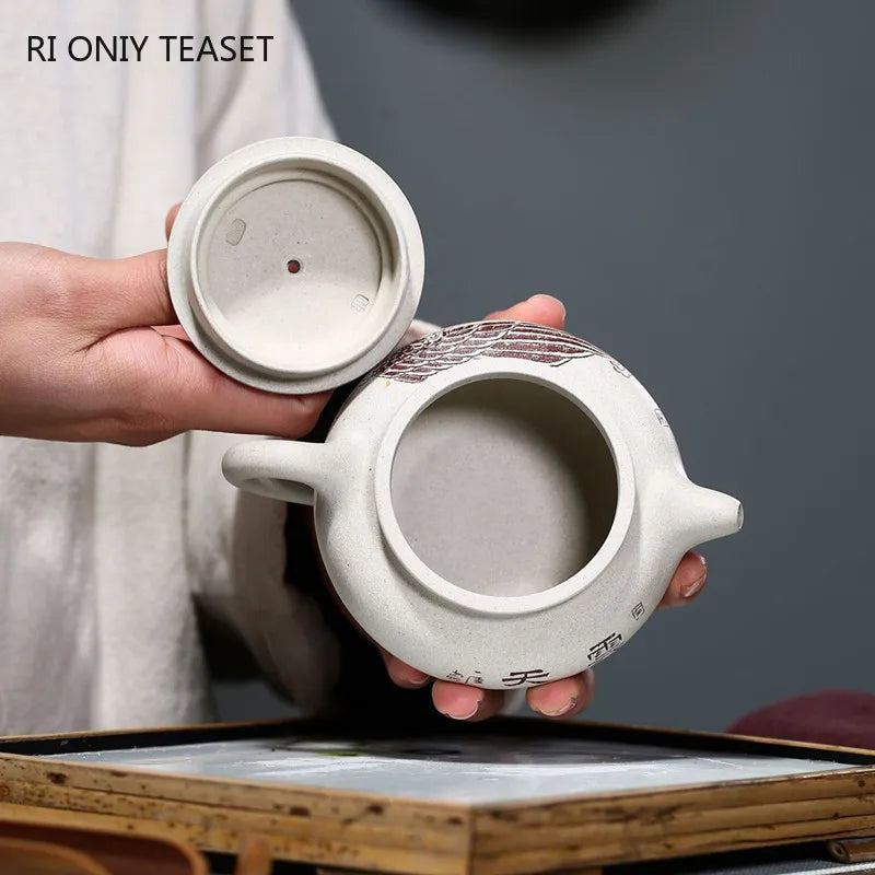 240ml Chinese Yixing High-end Purple Clay Teapots Master Hand-carved White Crane Pattern Tea Pot Kettle Zisha Tea Set Collection