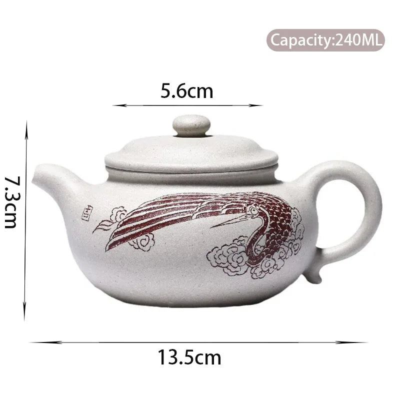 240ml Chinese Yixing High-end Purple Clay Teapots Master Hand-carved White Crane Pattern Tea Pot Kettle Zisha Tea Set Collection