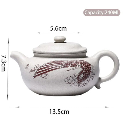 240ml Chinese Yixing High-end Purple Clay Teapots Master Hand-carved White Crane Pattern Tea Pot Kettle Zisha Tea Set Collection