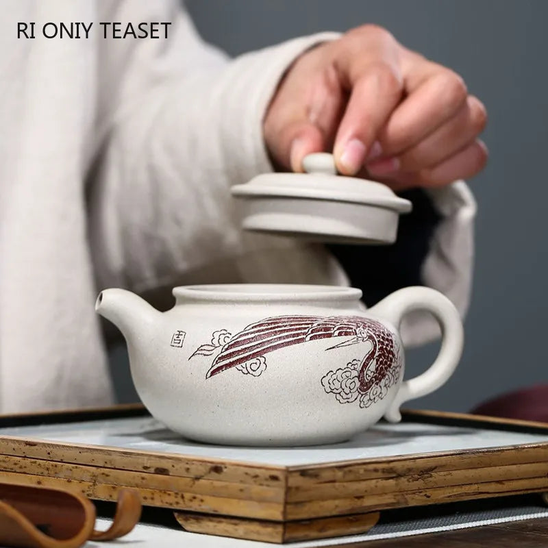 240ml Chinese Yixing High-end Purple Clay Teapots Master Hand-carved White Crane Pattern Tea Pot Kettle Zisha Tea Set Collection